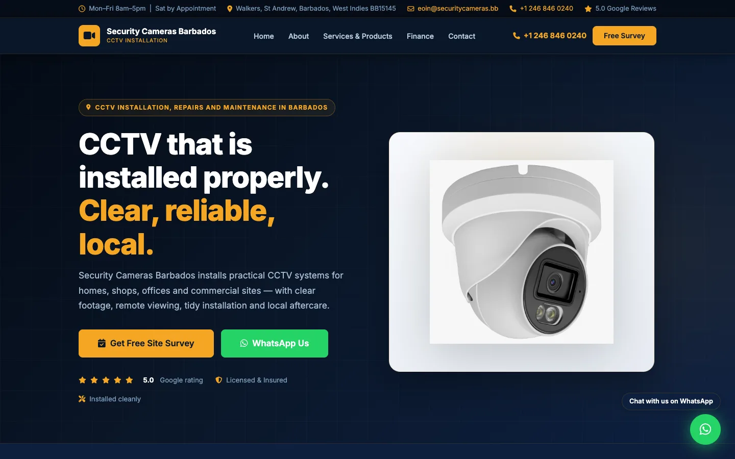 Security Cameras Barbados website displayed in a browser
