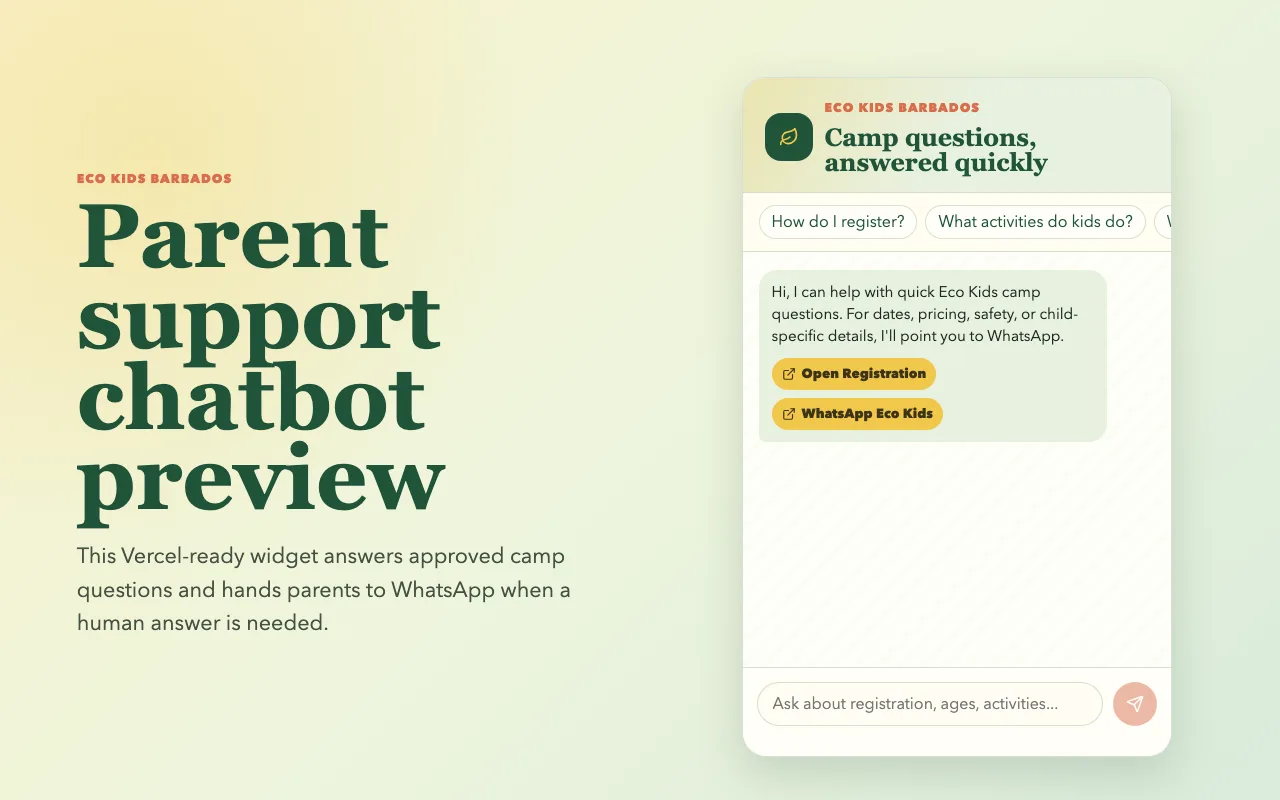 Eco Kids parent support chatbot desktop preview